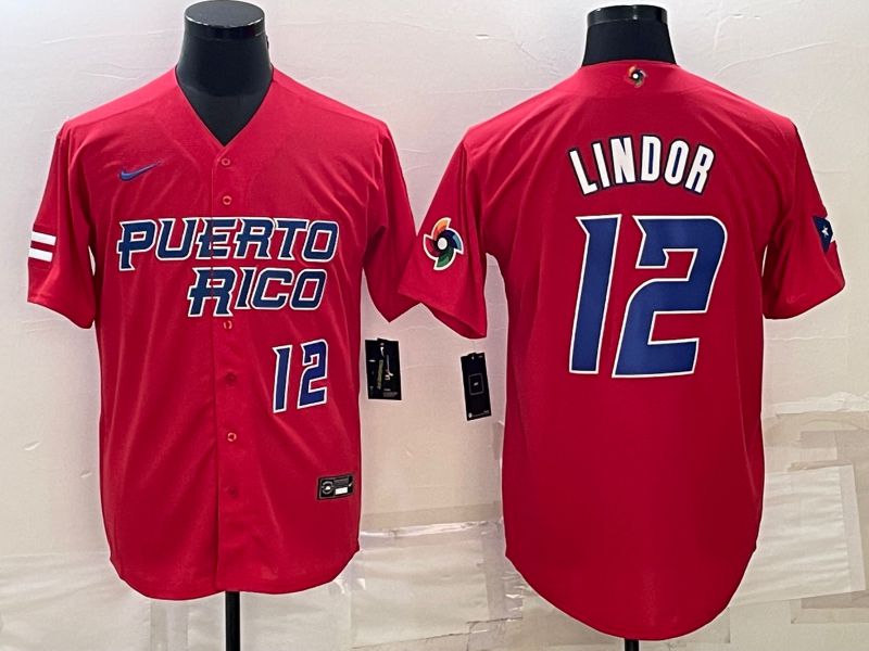 Men 2023 World Cub #12 Lindor Red Nike MLB Jersey3